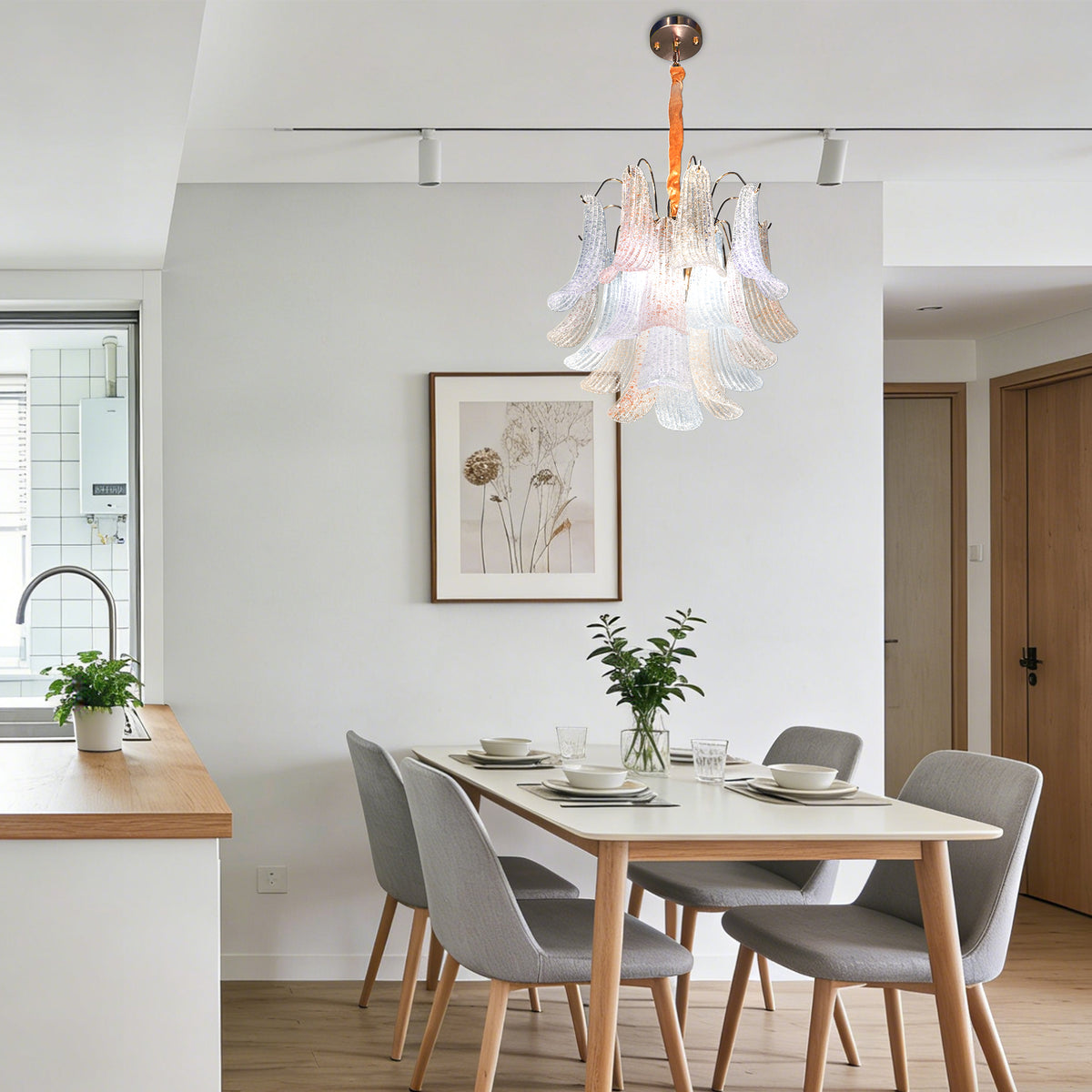19.7" Multicolor Glass 5-Light Chandelier, Gold and Copper-Tone Frame, Adjustable Chain, E12 3-Color Bulbs Included