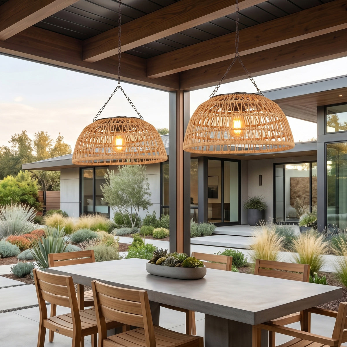 Outdoor Solar Rattan Pendant Light, Weatherproof Woven Dome Hanging Lamp