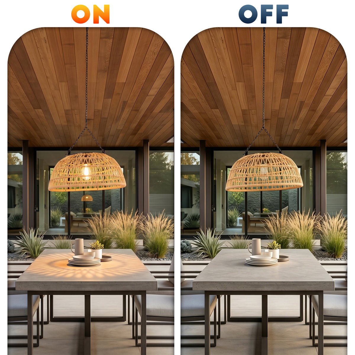 Outdoor Solar Rattan Pendant Light, Weatherproof Woven Dome Hanging Lamp
