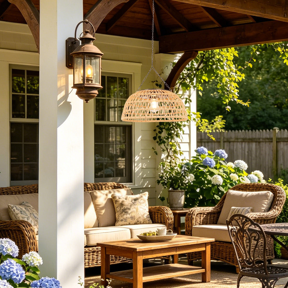 Outdoor Solar Rattan Pendant Light, Weatherproof Woven Dome Hanging Lamp
