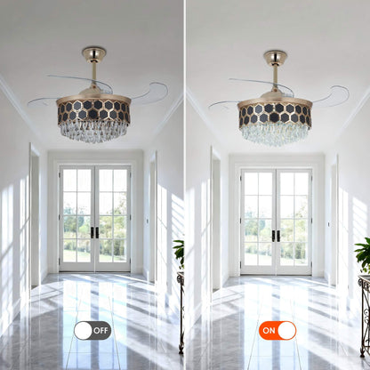 The gold ceiling fan combines transparent blades and a crystal chandelier light.