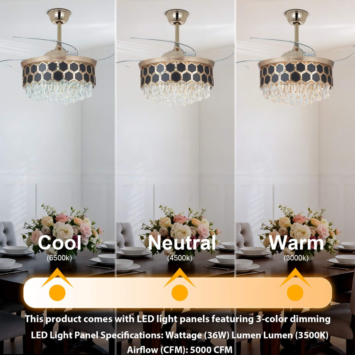A gold ceiling fan featuring a crystal chandelier light beneath its fan blades.