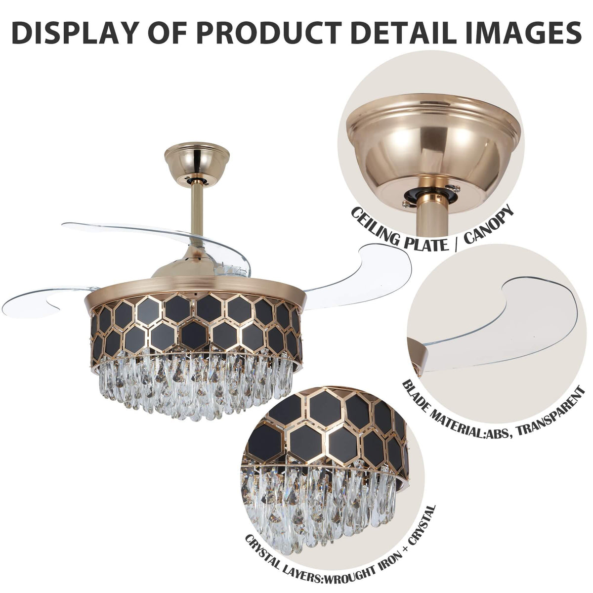 A gold ceiling fan with transparent blades and a crystal chandelier light.