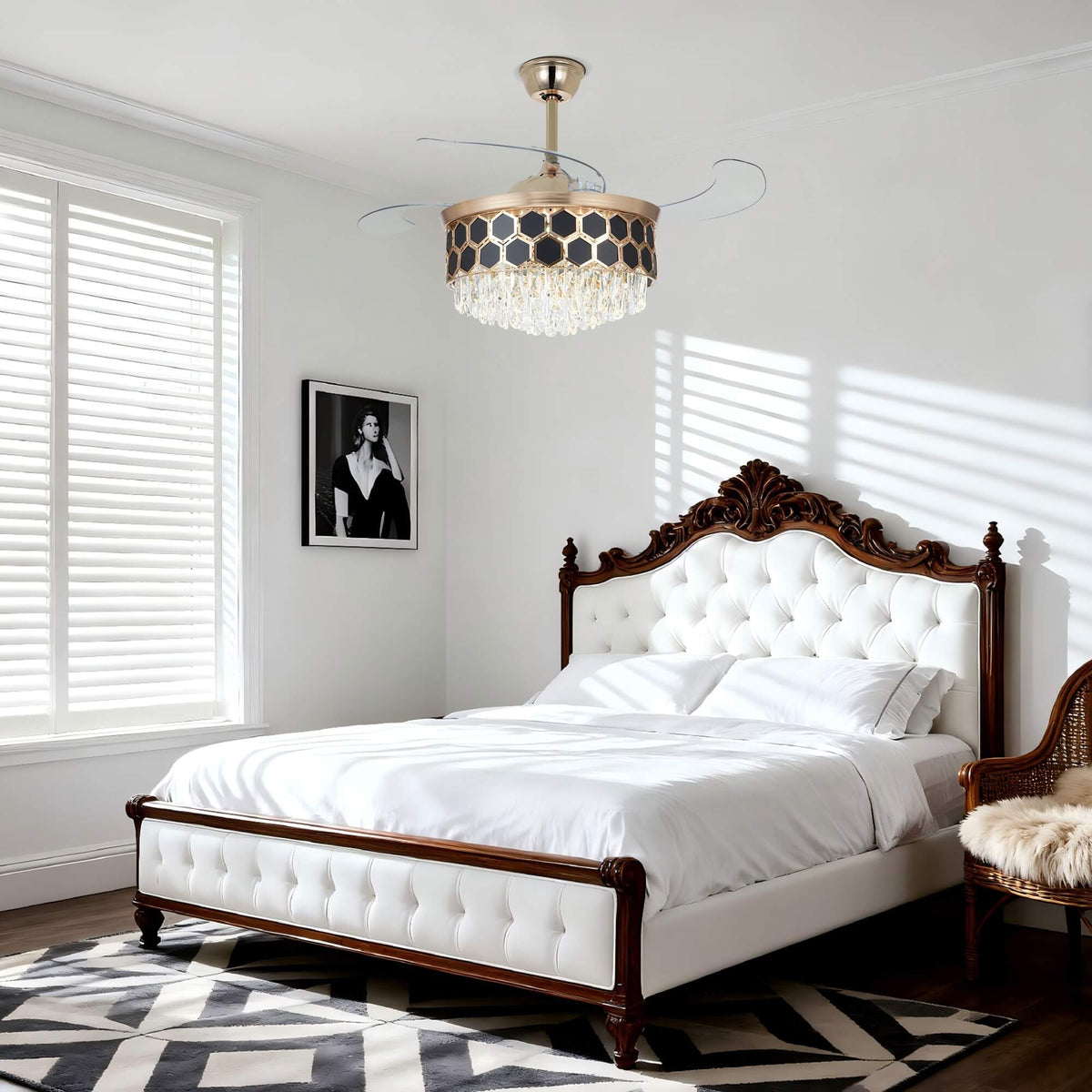 A gold ceiling fan featuring a crystal chandelier light beneath its fan blades.