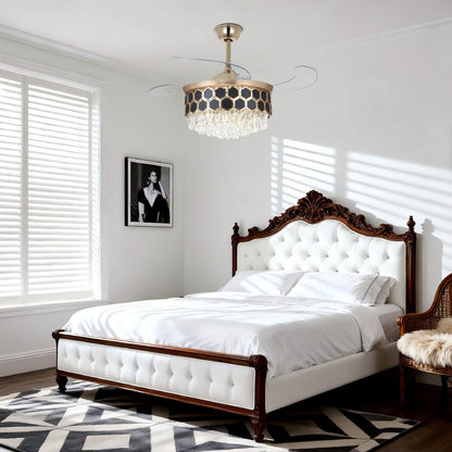A gold ceiling fan featuring a crystal chandelier light beneath its fan blades.