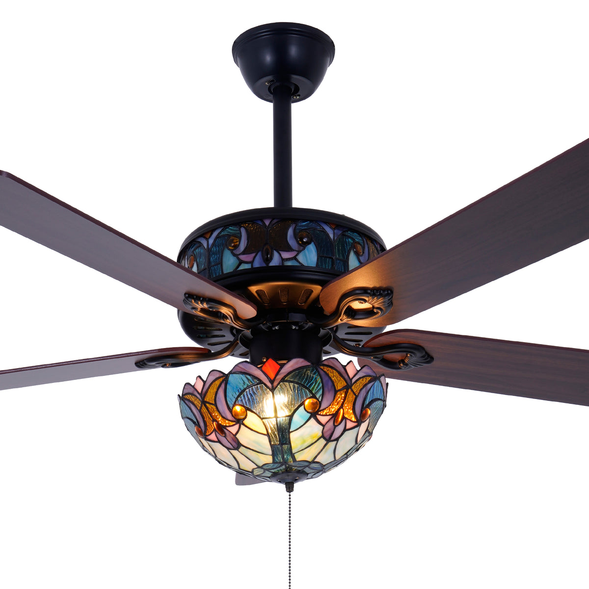 Blue Stained Glass Ceiling Fan Tiffany Style Lamp Light, 5-Blade w/Pull Chain DS-FH86