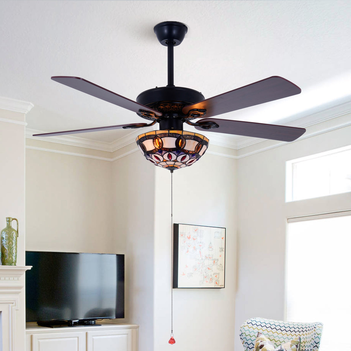 52-Inch Black Ceiling Fan With Tiffany Light DS-FH88