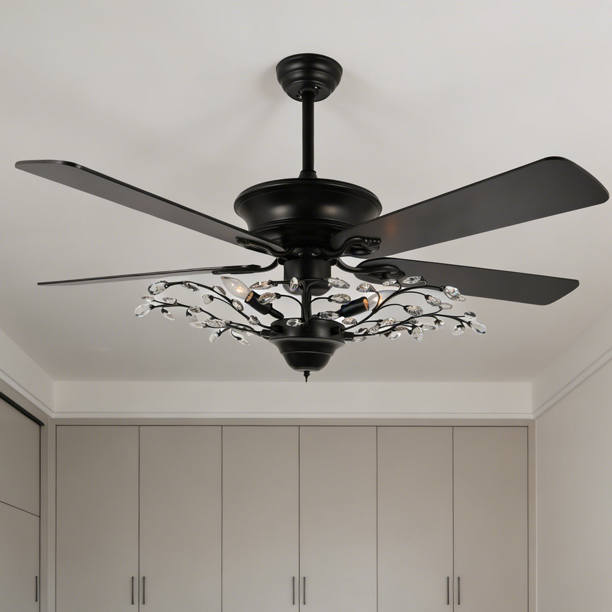 46 Inch Black Crystal Branch Ceiling Fan with Light - 5-Blade Remote Control Reversible Fan Light (6 Speeds)