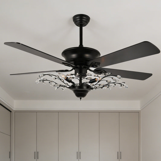 46 Inch Black Crystal Branch Ceiling Fan with Light - 5-Blade Remote Control Reversible Fan Light (6 Speeds)