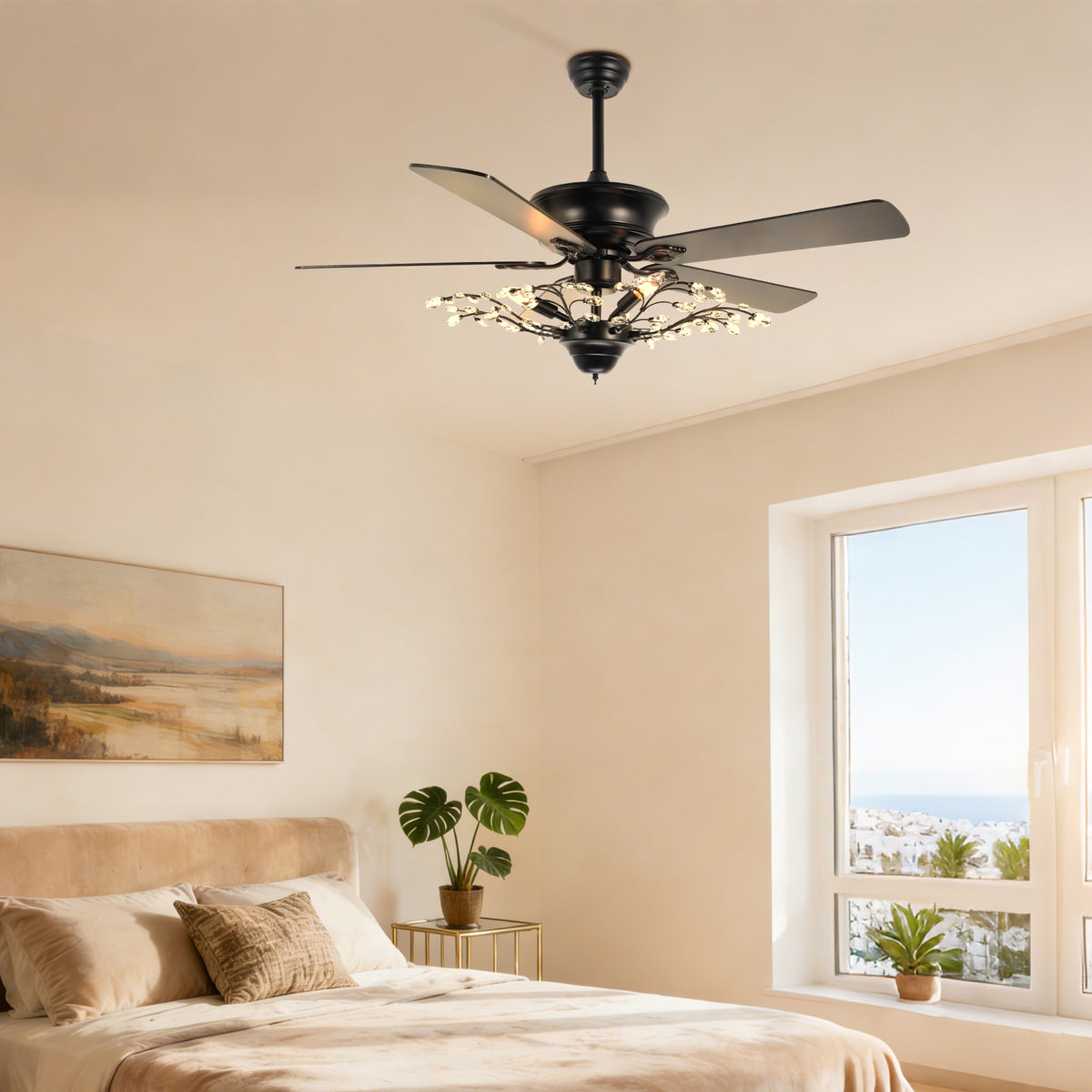 46 Inch Black Crystal Branch Ceiling Fan with Light - 5-Blade Remote Control Reversible Fan Light (6 Speeds)