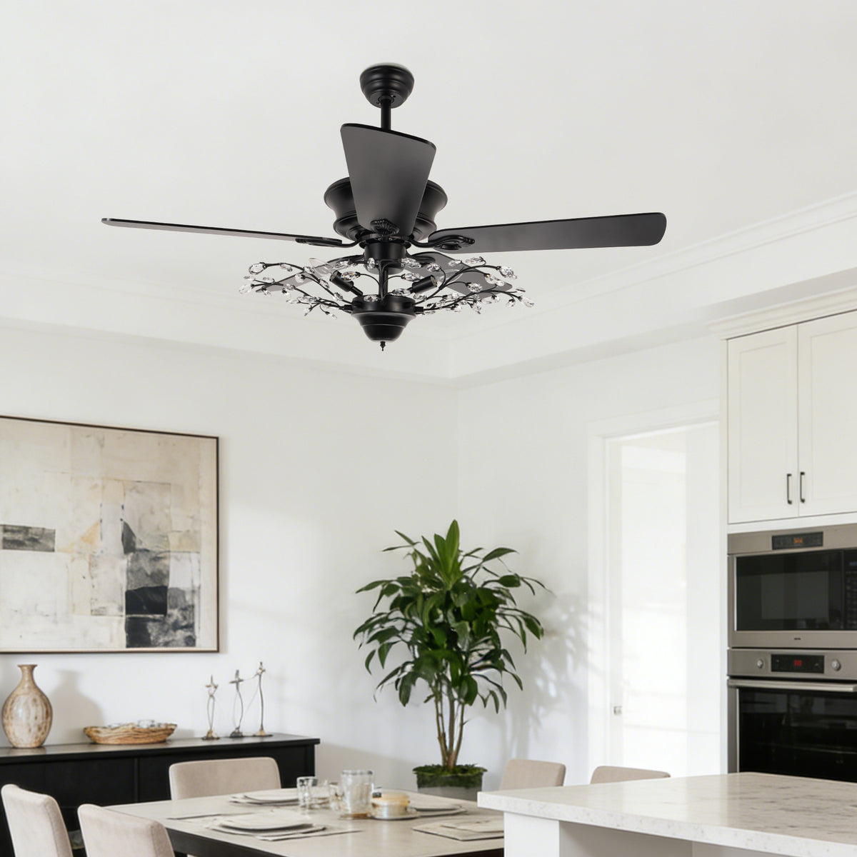 46 Inch Black Crystal Branch Ceiling Fan with Light - 5-Blade Remote Control Reversible Fan Light (6 Speeds)