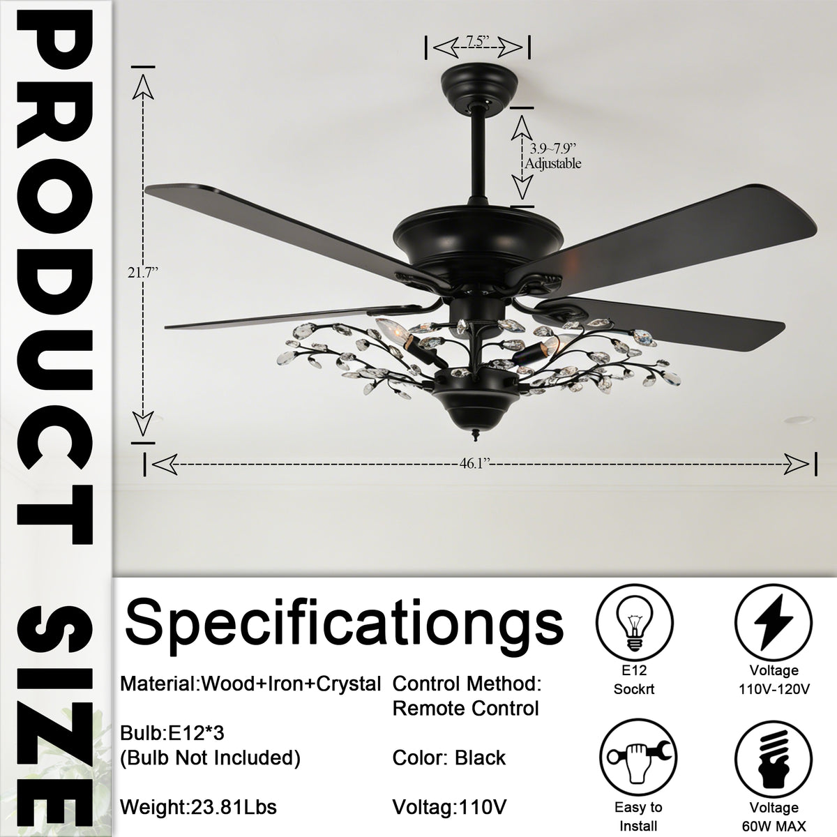 46 Inch Black Crystal Branch Ceiling Fan with Light - 5-Blade Remote Control Reversible Fan Light (6 Speeds)