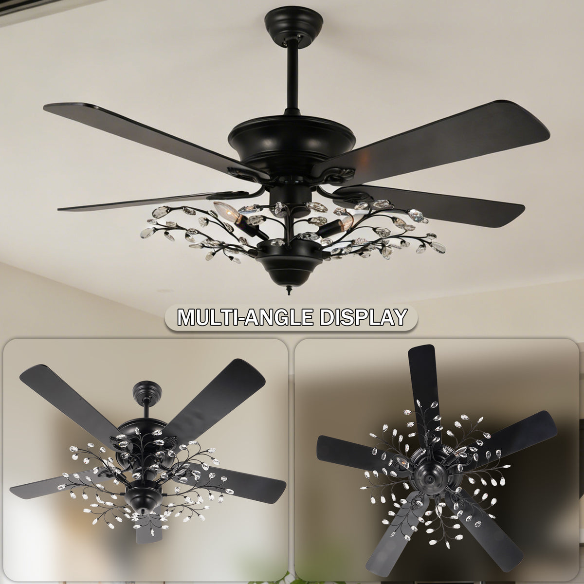 46 Inch Black Crystal Branch Ceiling Fan with Light - 5-Blade Remote Control Reversible Fan Light (6 Speeds)