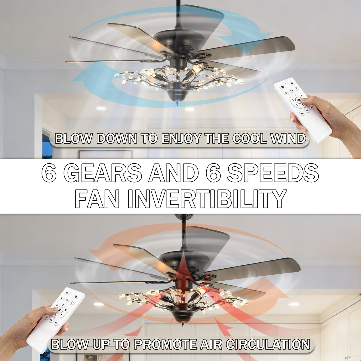 46 Inch Black Crystal Branch Ceiling Fan with Light - 5-Blade Remote Control Reversible Fan Light (6 Speeds)