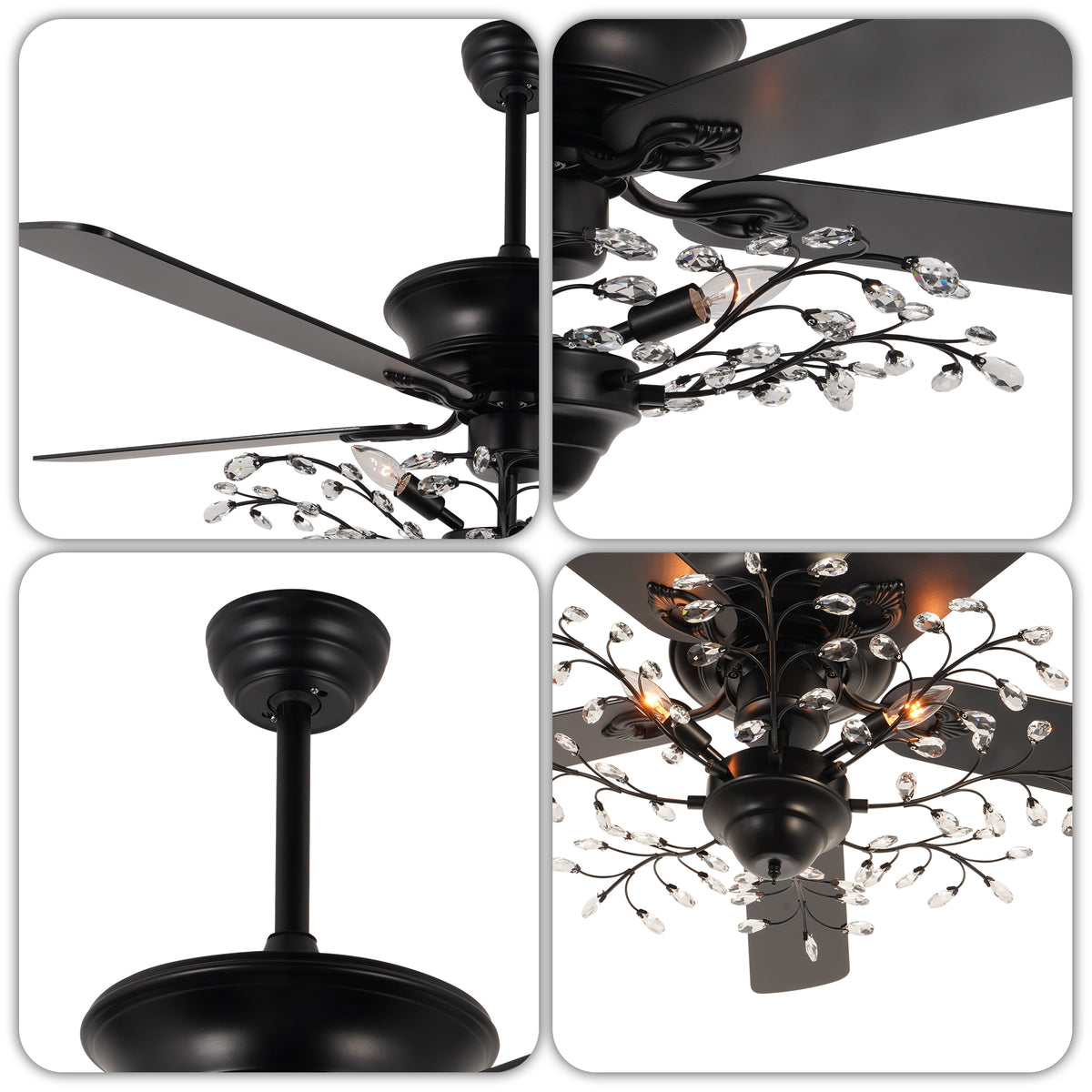 46 Inch Black Crystal Branch Ceiling Fan with Light - 5-Blade Remote Control Reversible Fan Light (6 Speeds)