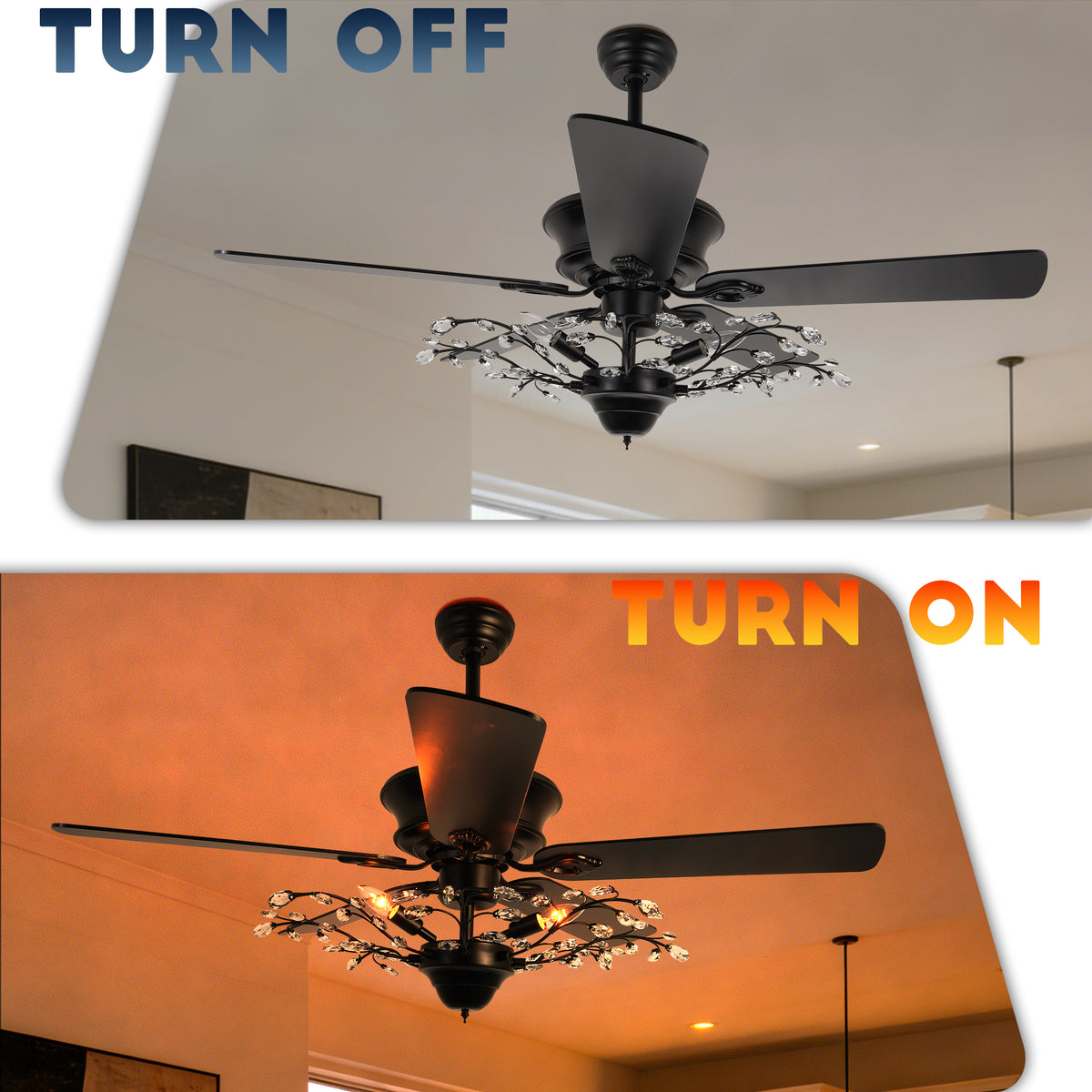 46 Inch Black Crystal Branch Ceiling Fan with Light - 5-Blade Remote Control Reversible Fan Light (6 Speeds)