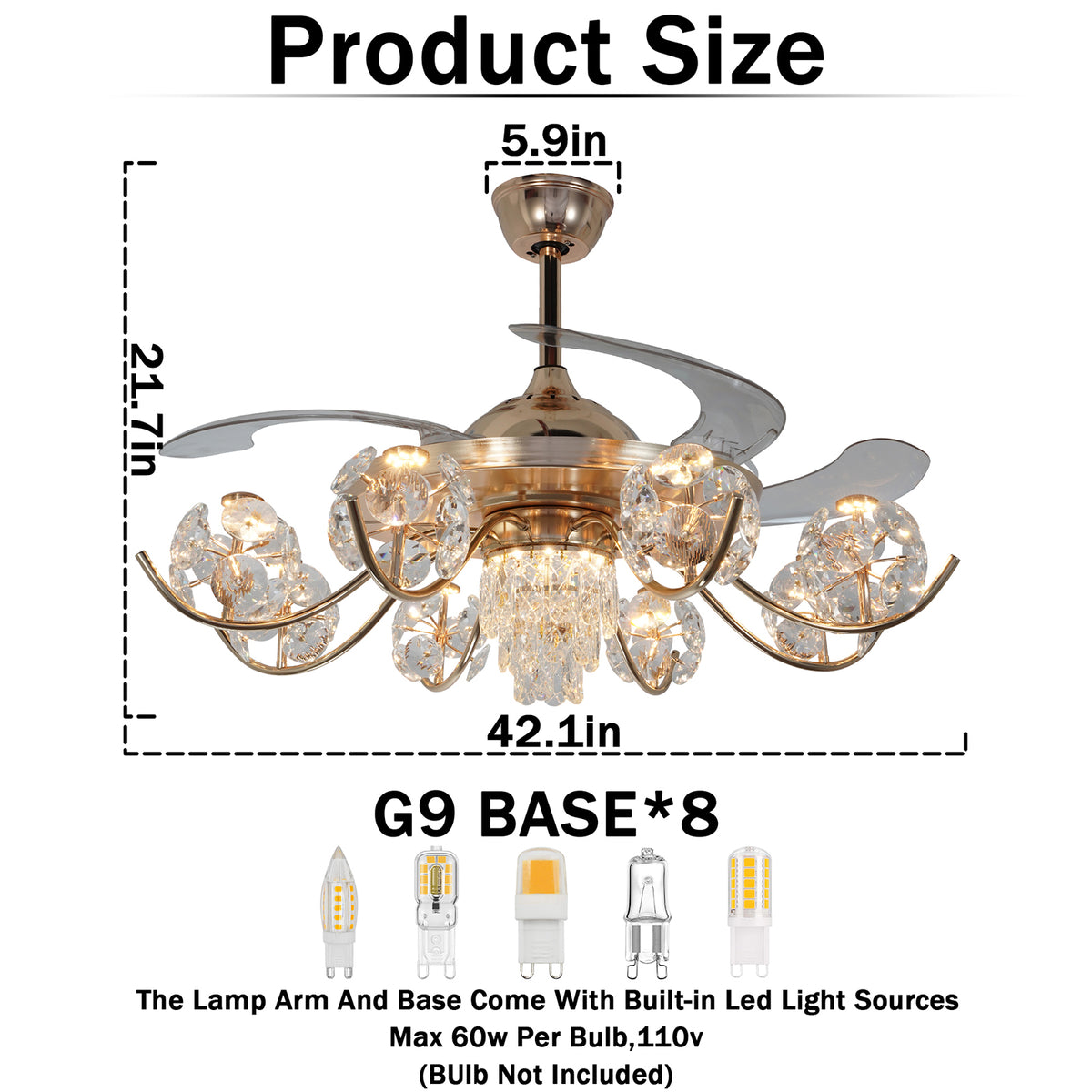 Gold Crystal Ceiling Fan with Light - 3-Color Dimmable Invisible Blade Chandelier Fan (6 Speeds Remote Control)