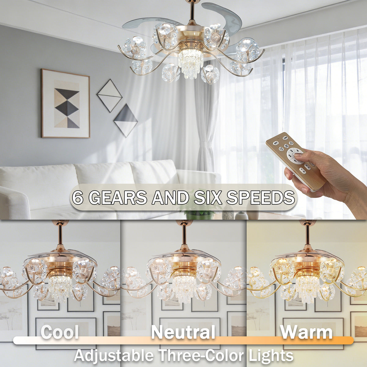 Gold Crystal Ceiling Fan with Light - 3-Color Dimmable Invisible Blade Chandelier Fan (6 Speeds Remote Control)