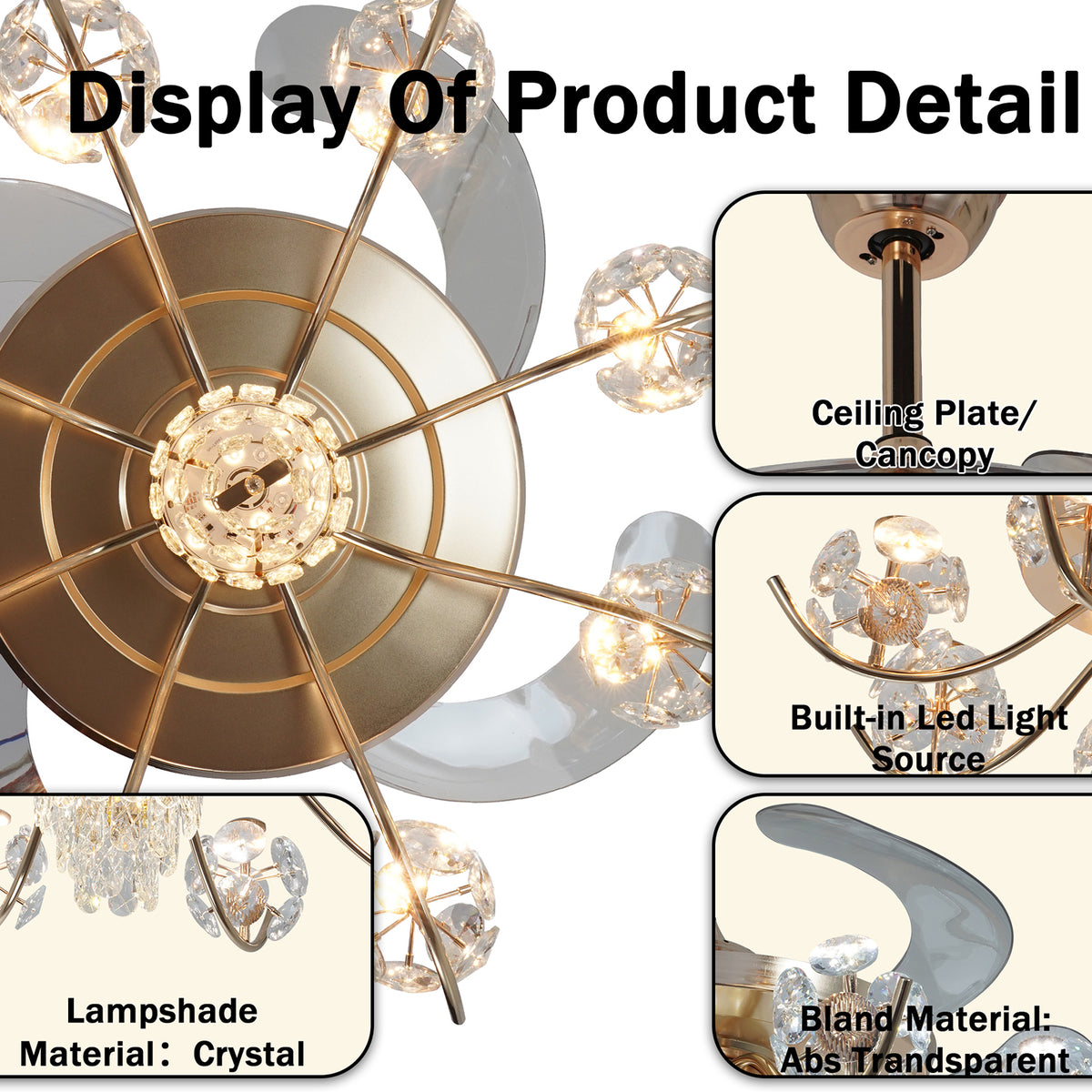 Gold Crystal Ceiling Fan with Light - 3-Color Dimmable Invisible Blade Chandelier Fan (6 Speeds Remote Control)