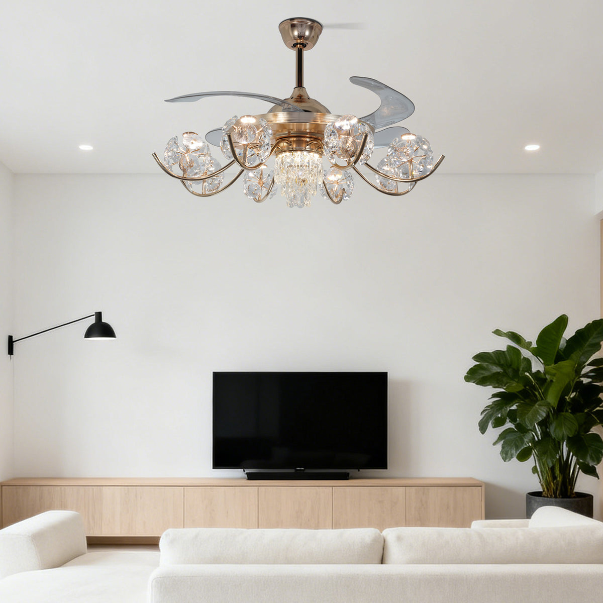 Gold Crystal Ceiling Fan with Light - 3-Color Dimmable Invisible Blade Chandelier Fan (6 Speeds Remote Control)
