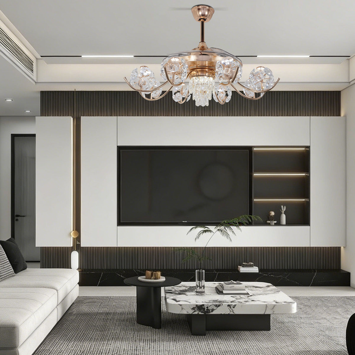 Gold Crystal Ceiling Fan with Light - 3-Color Dimmable Invisible Blade Chandelier Fan (6 Speeds Remote Control)