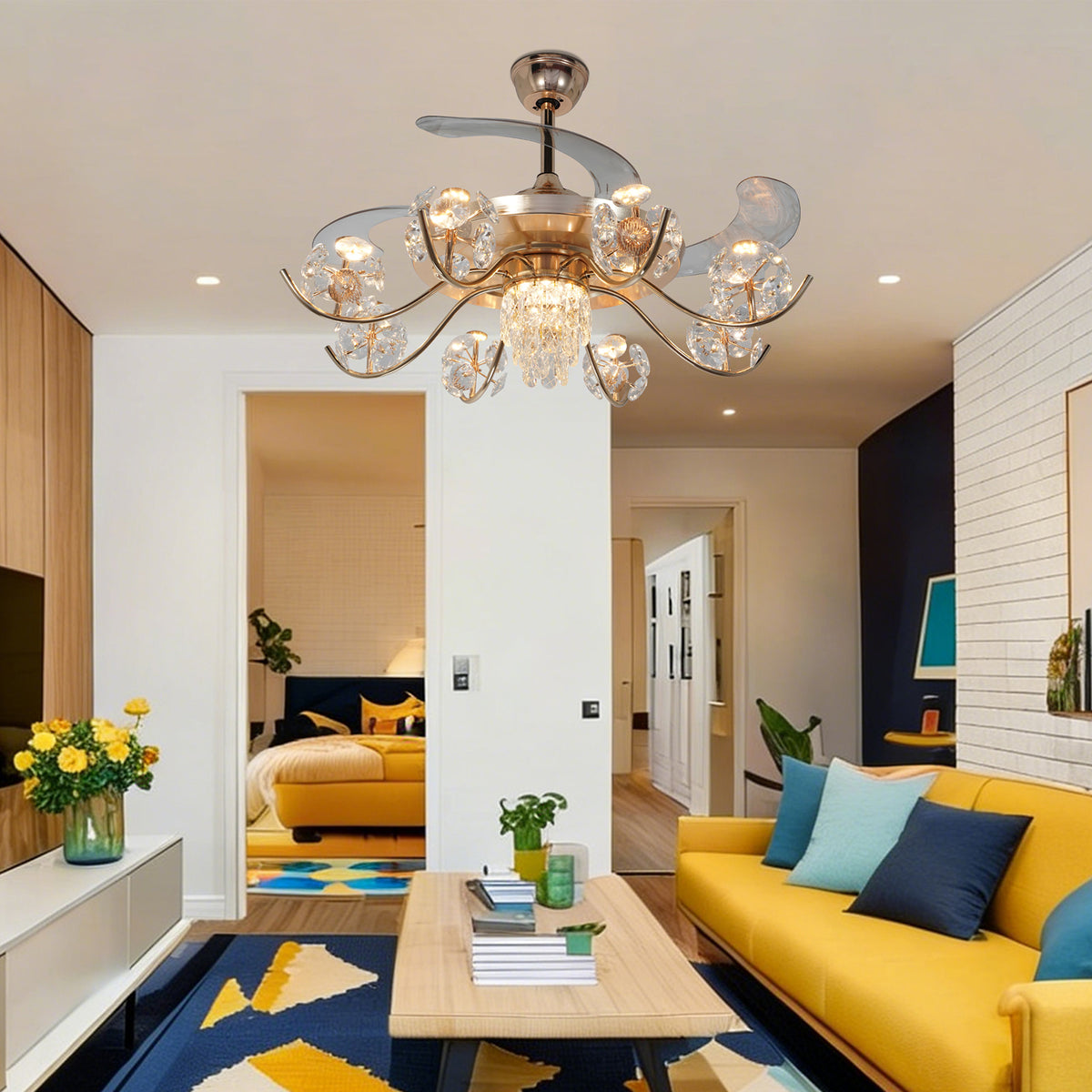 Gold Crystal Ceiling Fan with Light - 3-Color Dimmable Invisible Blade Chandelier Fan (6 Speeds Remote Control)