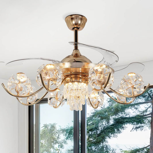 Gold Crystal Retractable Ceiling Fan with 3-Color Light & Remote DS-FH98
