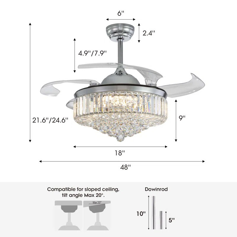 48" Presnell Dimmable Crystal Ceiling Fan with LED Lights and Remote Control