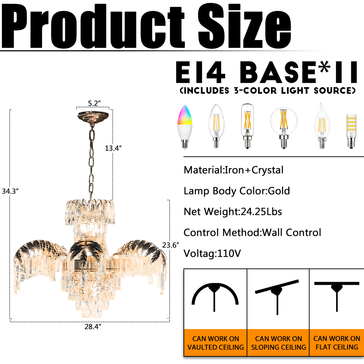 Luxury Gold Leaf Crystal Chandelier - 3-Color Dimmable 11-Light Crystal Pendant Light