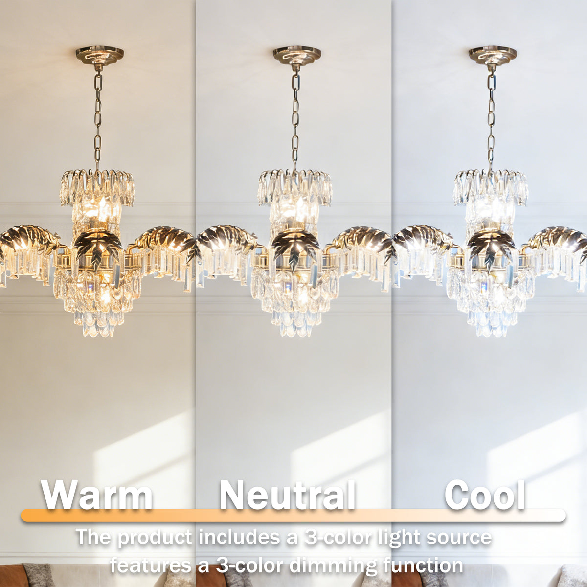 Luxury Gold Leaf Crystal Chandelier - 3-Color Dimmable 11-Light Crystal Pendant Light