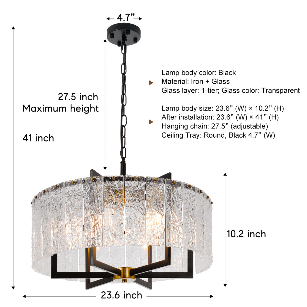 Modern Black Round Drum Water Ripple Glass Crystal Chandelier DS-SQ22