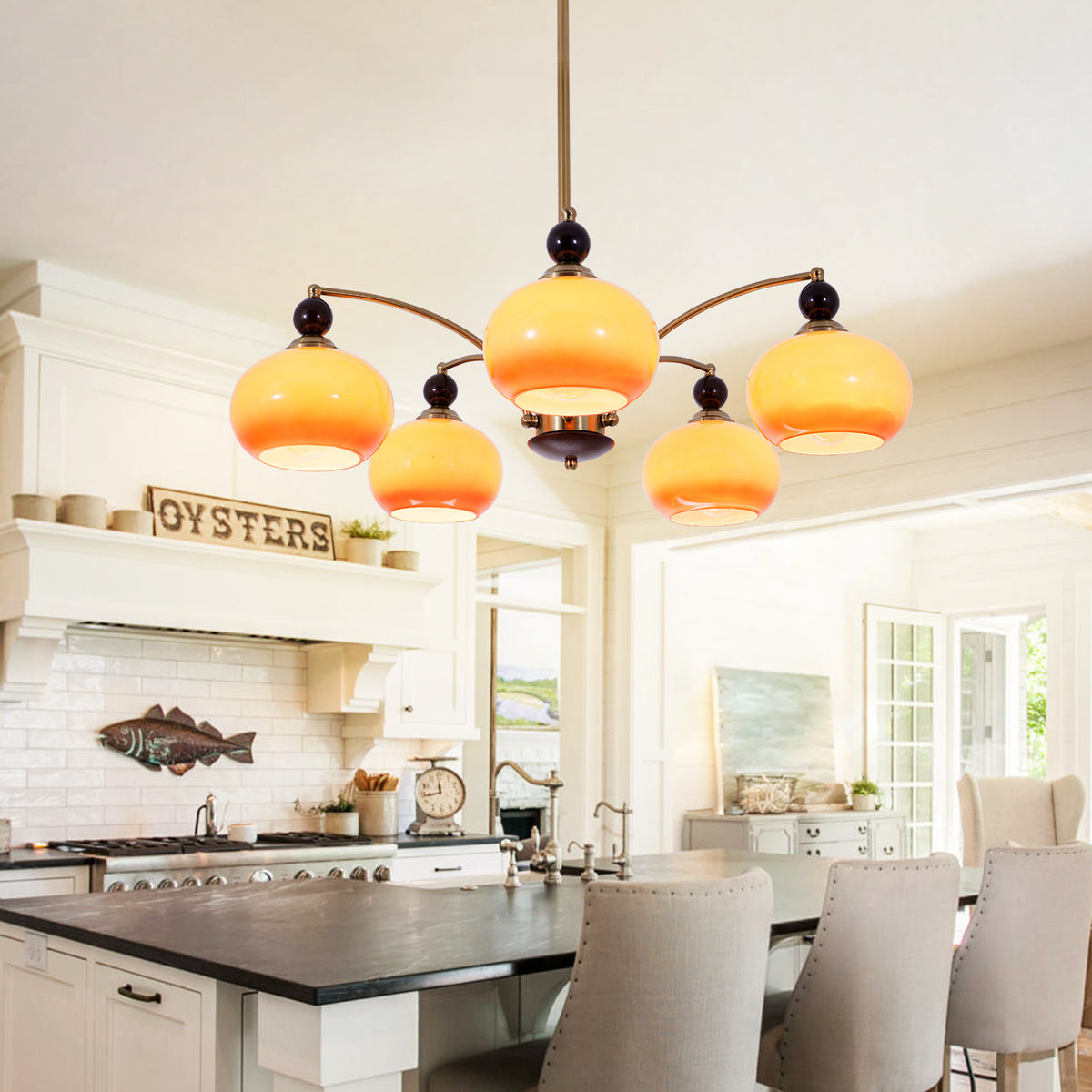 Modern Simple Style Enclosed Light Chandelier with 5 Lights, Downward Direction on Suspension Rod and Adjustable Hanging Rod, 110V-120V DS-SQ35