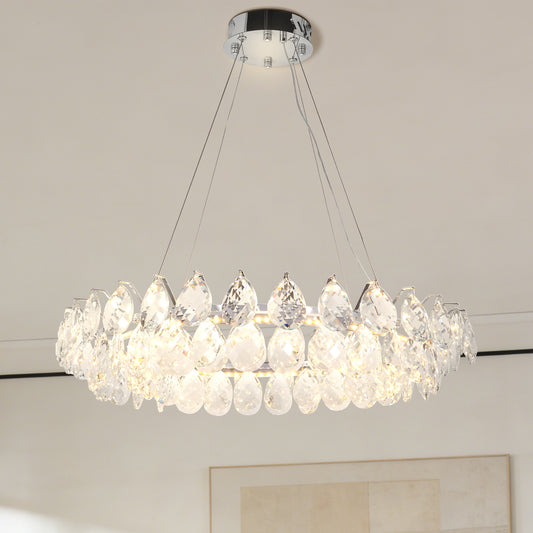 Modern Crystal Chandelier, 3-Color Dimmable LED Pendant Light with Adjustable Hanging Length