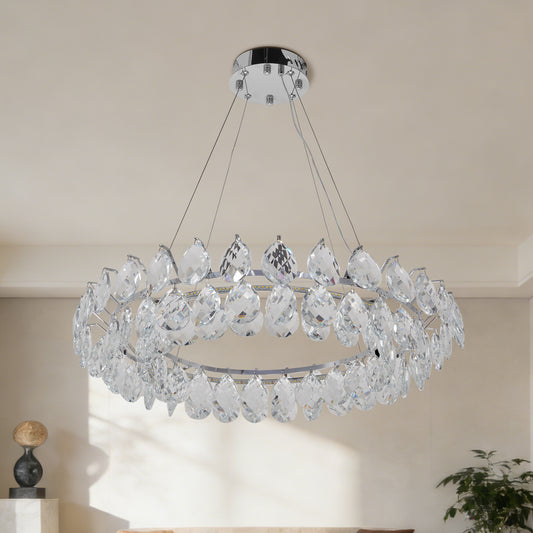 Modern Crystal Chandelier, 3-Color Dimmable LED Pendant Light with Adjustable Hanging Length