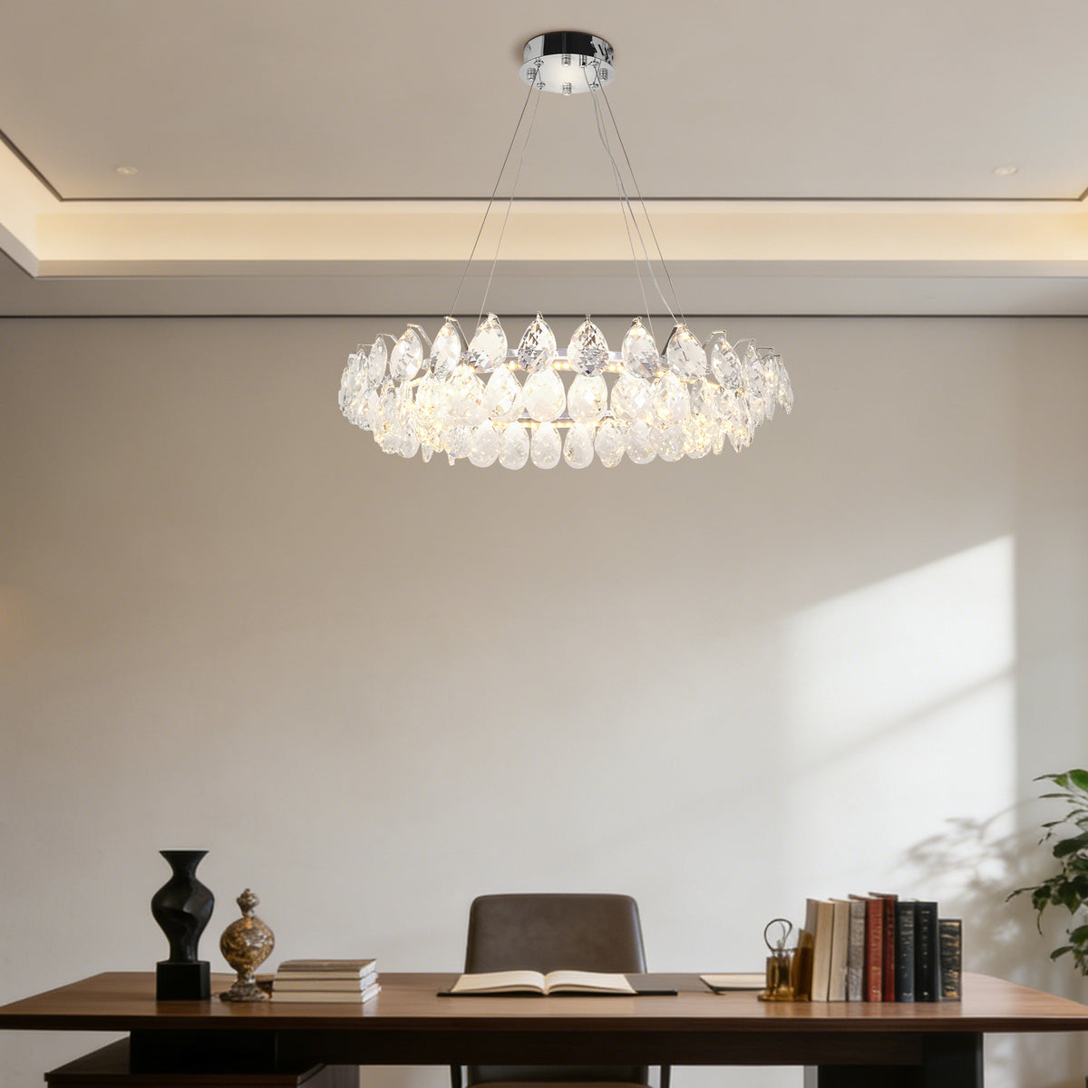 Modern Crystal Chandelier, 3-Color Dimmable LED Pendant Light with Adjustable Hanging Length