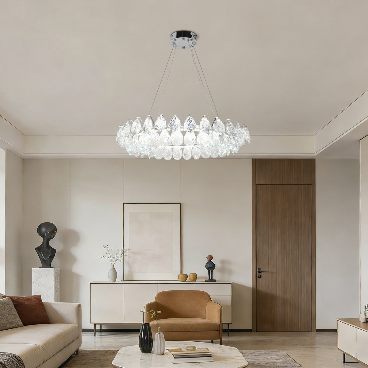 Modern Crystal Chandelier, 3-Color Dimmable LED Pendant Light with Adjustable Hanging Length