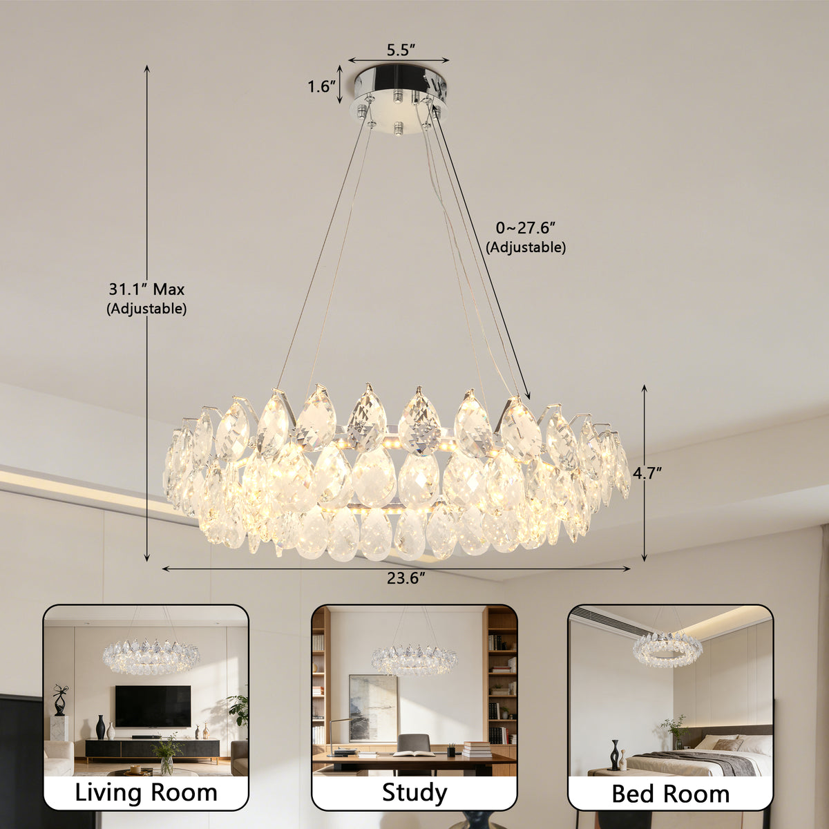 Modern Crystal Chandelier, 3-Color Dimmable LED Pendant Light with Adjustable Hanging Length