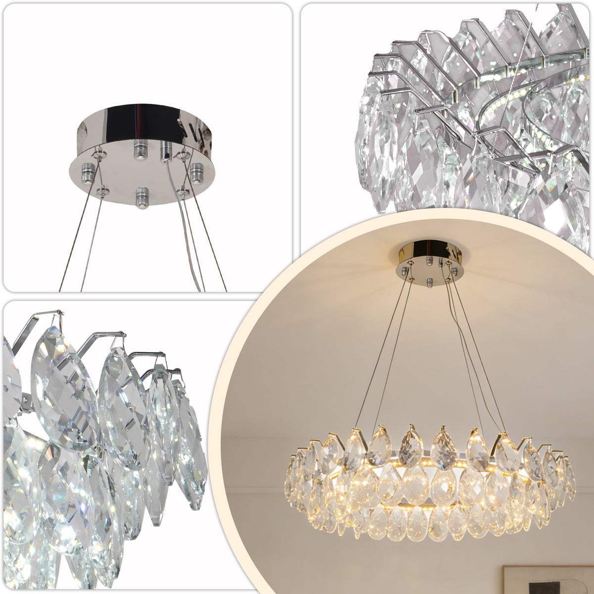 Modern Crystal Chandelier, 3-Color Dimmable LED Pendant Light with Adjustable Hanging Length