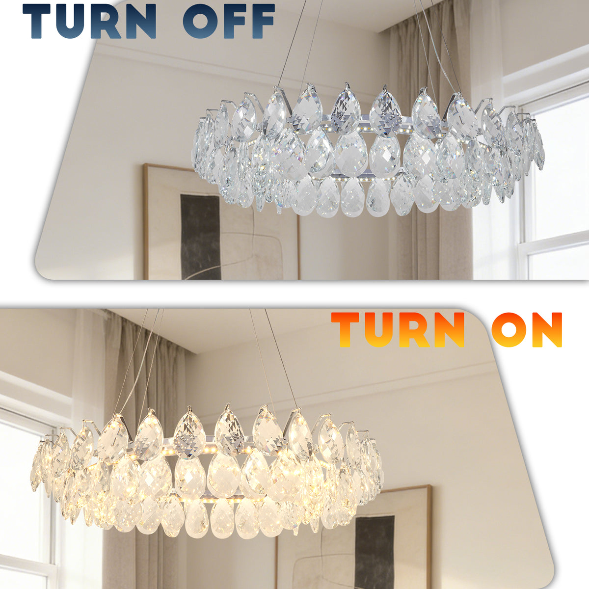 Modern Crystal Chandelier, 3-Color Dimmable LED Pendant Light with Adjustable Hanging Length
