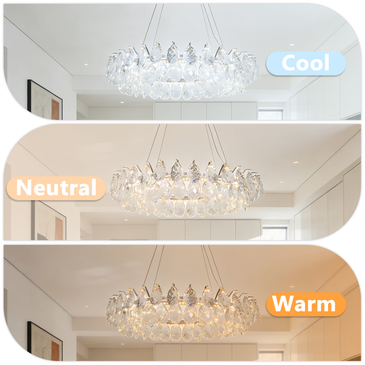 Modern Crystal Chandelier, 3-Color Dimmable LED Pendant Light with Adjustable Hanging Length