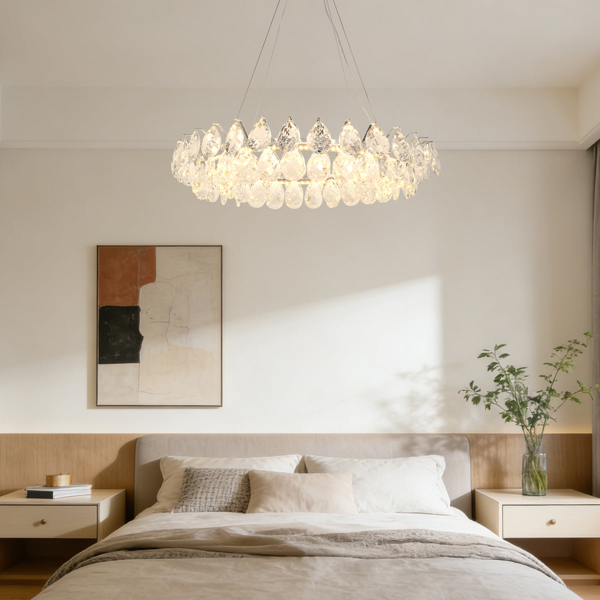 Modern Crystal Chandelier, 3-Color Dimmable LED Pendant Light with Adjustable Hanging Length