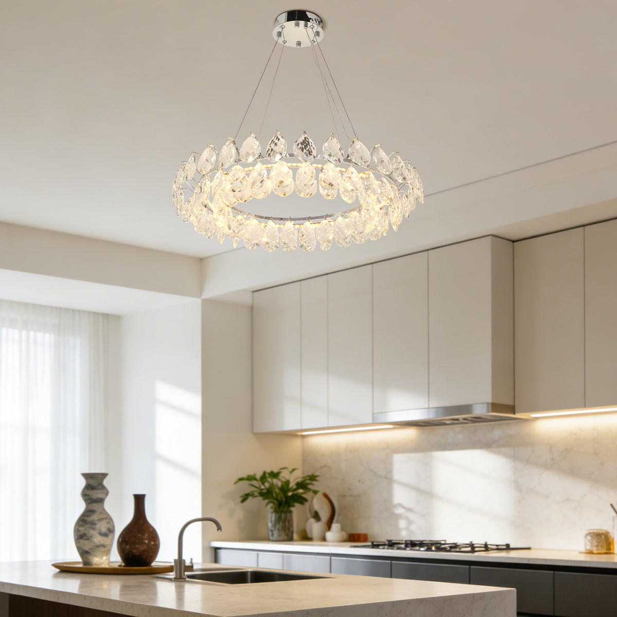 Modern Crystal Chandelier, 3-Color Dimmable LED Pendant Light with Adjustable Hanging Length