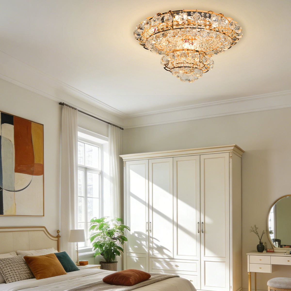 Gold Crystal Flush Mount Ceiling Light | 23.6" 8-Light 3-Color Dimmable Luxury Chandelier