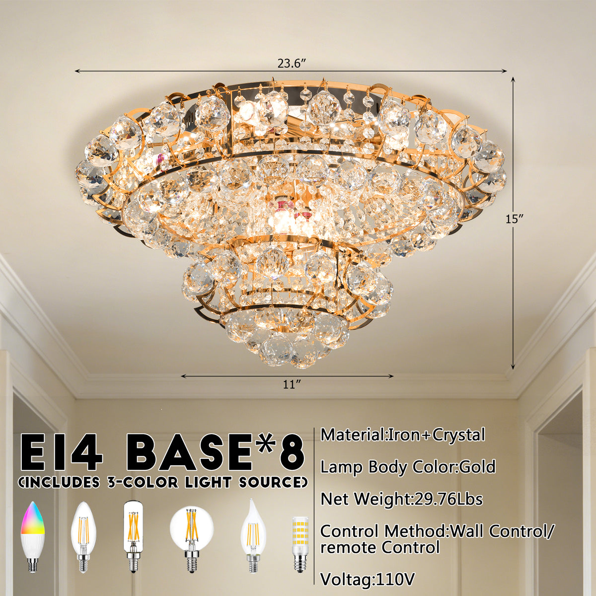 Gold Crystal Flush Mount Ceiling Light | 23.6" 8-Light 3-Color Dimmable Luxury Chandelier