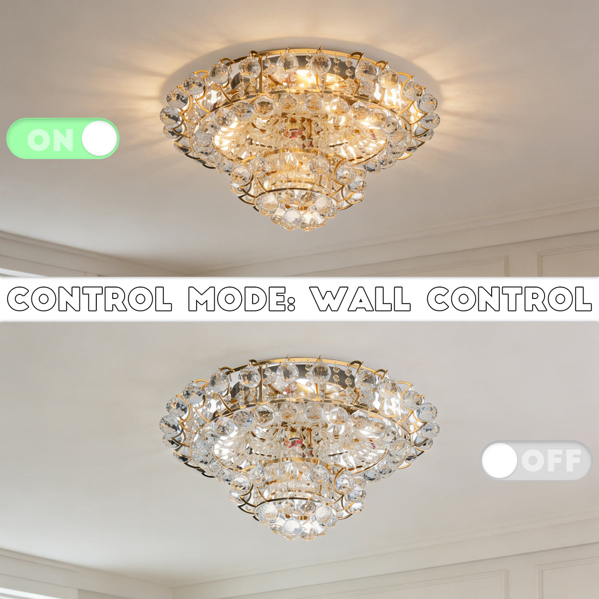 Gold Crystal Flush Mount Ceiling Light | 23.6" 8-Light 3-Color Dimmable Luxury Chandelier