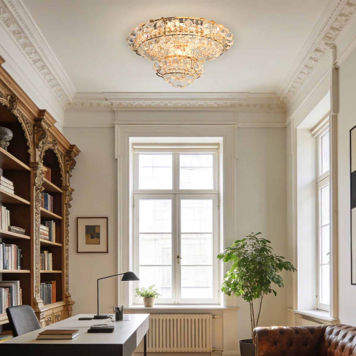 Gold Crystal Flush Mount Ceiling Light | 23.6" 8-Light 3-Color Dimmable Luxury Chandelier