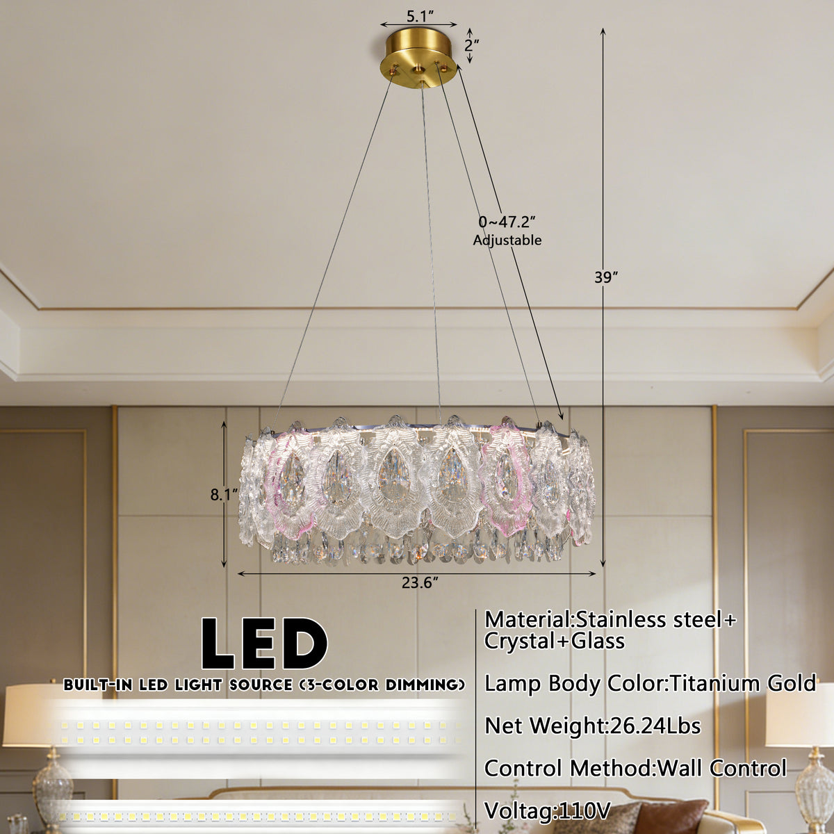 Modern Gold Crystal Chandelier | 23.6" 3-Color Dimmable LED Round Pendant Light
