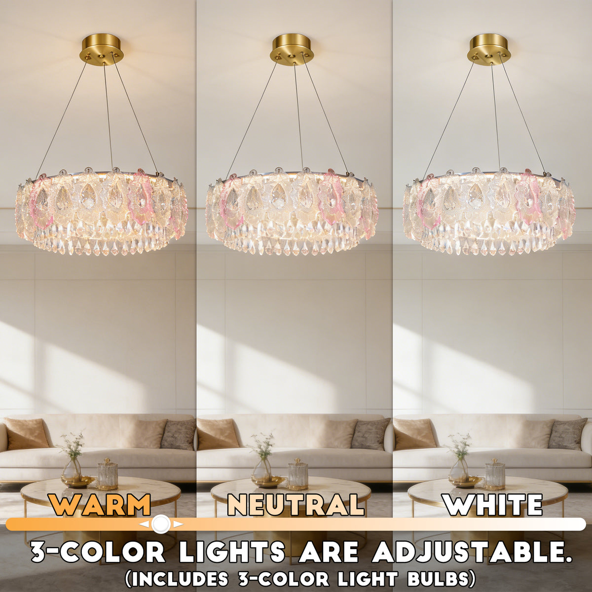 Modern Gold Crystal Chandelier | 23.6" 3-Color Dimmable LED Round Pendant Light