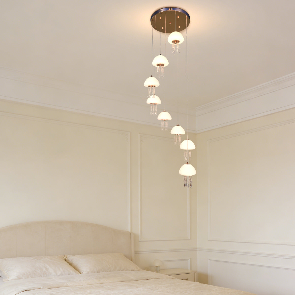 8-Light Modern Crystal Jellyfish Chandelier - 3-Color LED Staircase Pendant Light with Frosted Glass Shades, Gold Finish