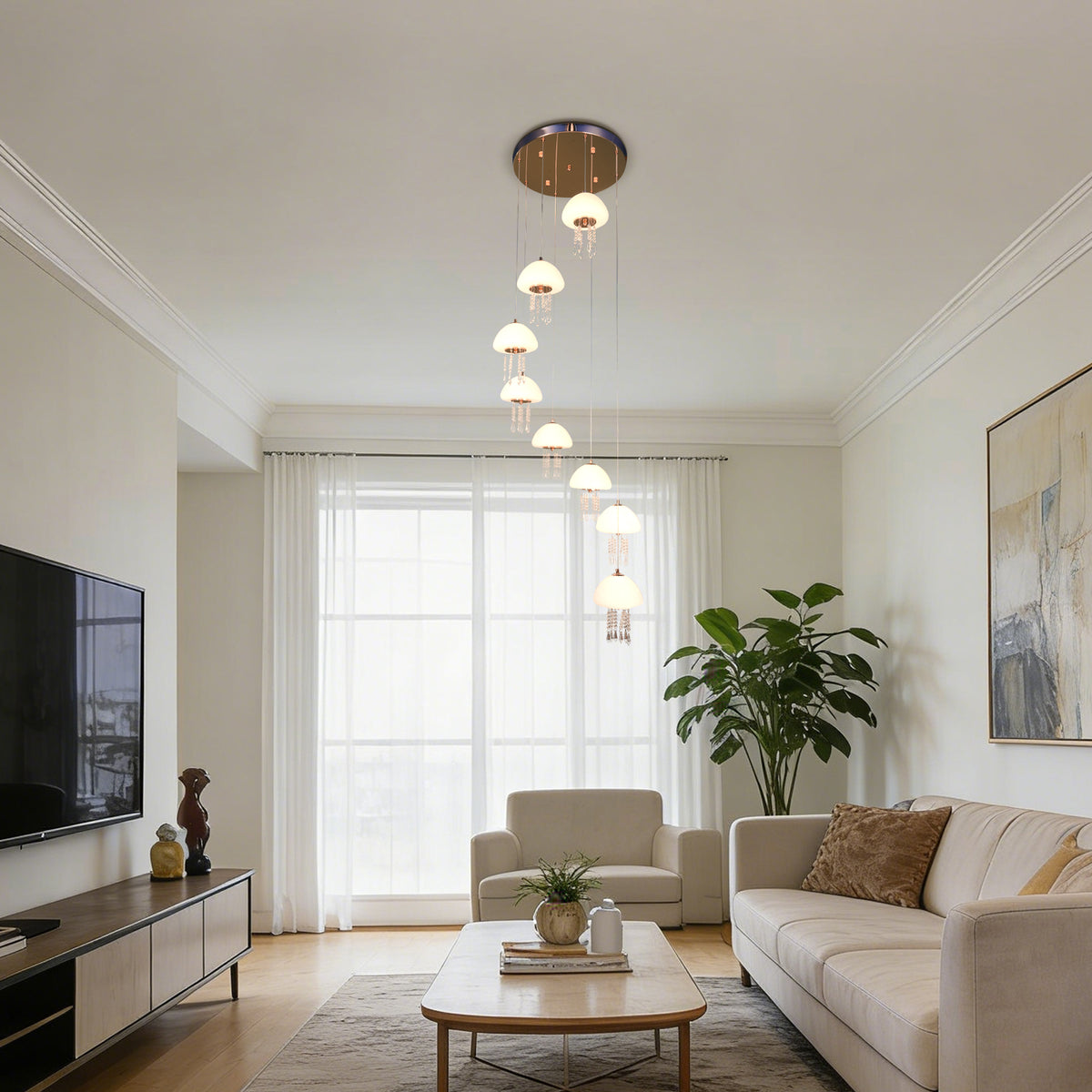 8-Light Modern Crystal Jellyfish Chandelier - 3-Color LED Staircase Pendant Light with Frosted Glass Shades, Gold Finish